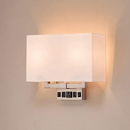 Wall Sconces Set of two Modern Bathroom Light Fixtures with Outlet Indoor Bedside Wall Lamps Set with USB Ports and Outlet, E26 Base, 120V, Brushed Nickel Finish, Iron Body, White Fabric Shade