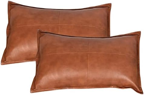 100% Lambskin Leather Pillow Cover - Sofa Cushion Case - Decorative Throw Covers for Living Room & Bedroom - 16x24 Inch - Light Tan Pack of 2