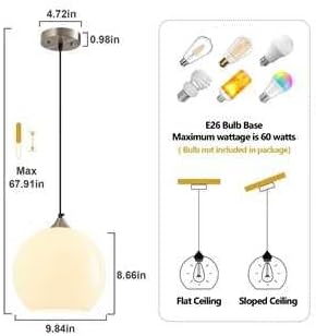 Milky Luster Glass Pendant Lights Kitchen Island Globe Pendant Light Fixtures Modern Pendant Lighting for Bedroom Living Dining Room Light Fixture (9.84 in, 3 Pack)