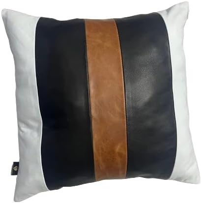 D DOLLY LAMB Lambskin Leather Pillow Cover - Sofa Cushion Case - Decorative Throw Covers for Living Room & Bedroom, 18x18 Inches - Black & Tan Pack of 2