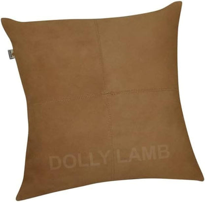 D DOLLY LAMB Lambskin Leather Pillow Cover - Sofa Cushion Case - Decorative Throw Covers for Living Room & Bedroom, 16x16 Inches - Camel Pack of 2