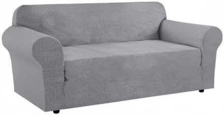 H.VERSAILTEX Stretch Slipcovers for Sofas 1 Piece Couch Cover for Dogs Washable 3 Cushion Couch Covers for Sofa Feature Thick Checked Jacquard Fabric with Elastic Bottom, Sofa Large - Dove