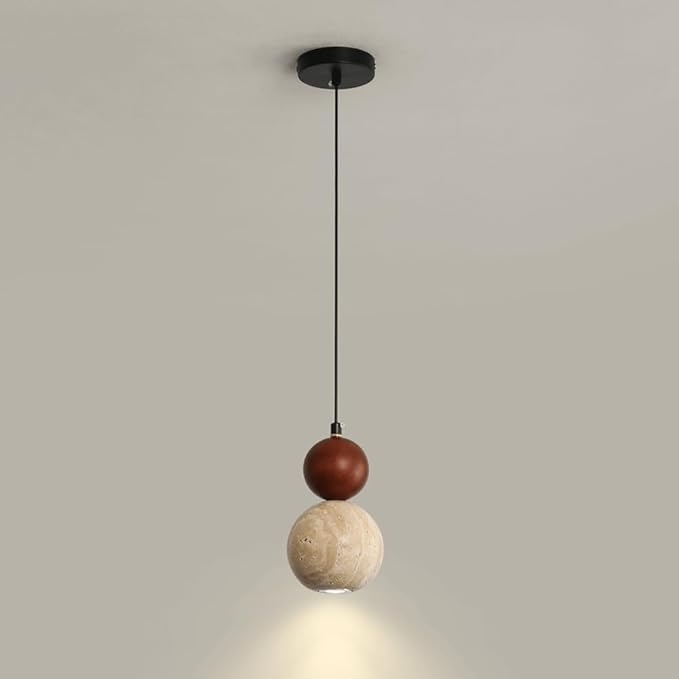 Modern Minimalist Nordic Lighting Fixture Spherical Travertine Walnut Wood Pendant Light Adjustable Hanging Lamp for Bedroom Bedside Dining Room Study