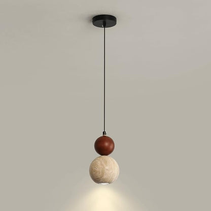 Modern Minimalist Nordic Lighting Fixture Spherical Travertine Walnut Wood Pendant Light Adjustable Hanging Lamp for Bedroom Bedside Dining Room Study