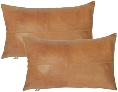 100% Lambskin Leather Pillow Cover - Sofa Cushion Case - Decorative Throw Covers for Living Room, Tan Plain Pack of 2-20x28 Inch
