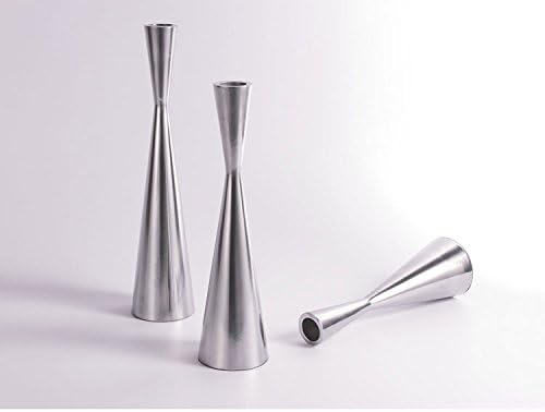 Set of 3 Silver Brushed Metal Taper Candle Holders Candlestick Holders Vintage Modern Decorative Centerpiece Candlestick Holders for Table Mantel Wedding Housewarming (Shiny Silver, S+M+L/Set)