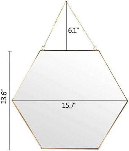 LONGWIN Hanging Wall Hexagon Mirror Decor Gold Geometric Mirror with Chain for Bathroom Bedroom Living Room 15.7"x 13.6"