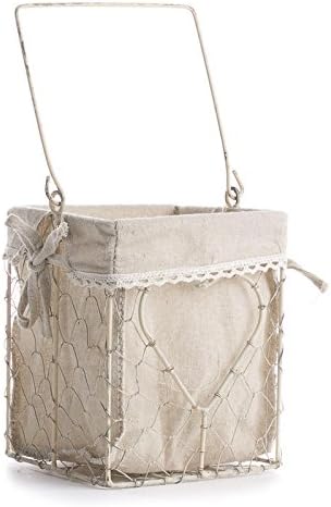 Factory Direct Craft Square White Washed Chicken Wire Basket with Natural Linen Liner and Heart Accent in Middle. for Cottage, Coastal or Farmhouse Decor Organizer.