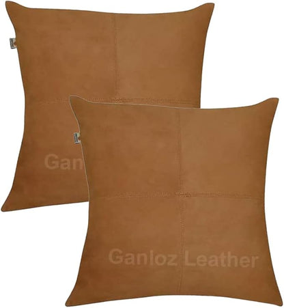 Lambskin Leather Pillow Cover - Sofa Cushion Case - Decorative Throw Covers for Living Room & Bedroom, 20x20 Inches - Camel (02) Pack of 2