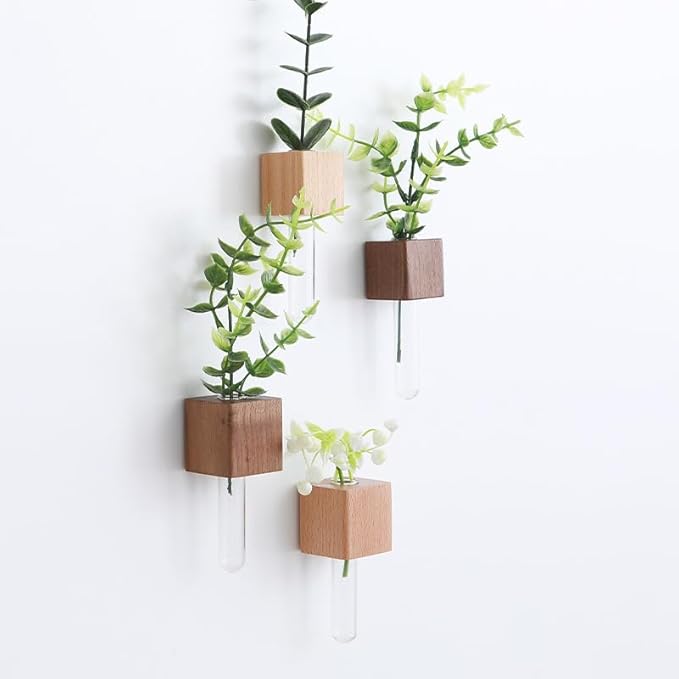 Test Tube Vases Fridge Magnets,Magnetic Wooden Wall Planter Vases Fridge Decor,Cute Test Mini Flower Vase for Hydroponics Plants Flower Display Home Decoration,2 Pieces