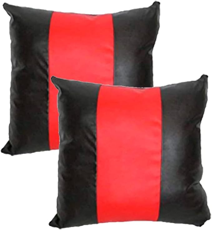 Lambskin Leather Pillow Cover - Sofa Cushion Case - Decorative Throw Covers for Living Room & Bedroom, 16x16 Inches - Red Black 01 Pack of 2
