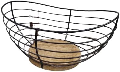 Modern Farmhouse Fruit Basket for Kitchen Counter, Vintage Wire and Wooden Base Fruit Bowl for Kitchen Decor, Fruit & Vegetables Storage Basket/Bowl