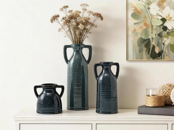 Ceramic Vase Set of 3 - Rustic Vases Set for Flower Centerpieces Pampas Grass - 3 Blue Bud Vase for Decor - Modern Decoration Terracotta Vases for Home Farmhouse Table Office, Mini Pottery Vase