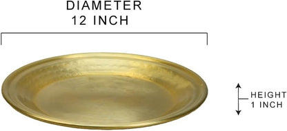 Serene Spaces Living 12" Brass-Look Aluminum Round Tray, Handcrafted in India, Decorative Vanity Tray, Organizer, Serving Platter, Fruit Holder, Candle Holder for Coffee Table, Catchall Tray