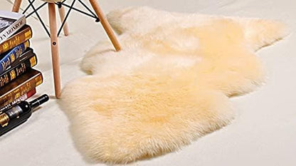 HUAHOO Premium Genuine Sheepskin Rug Beige Real Australia Sheepskin Natural Luxury Fluffy Lambskin Fur Area Rug Seat Covers for Kids Bedroom Sofa Chair Cover Pets Dogs Mat Double Pelt/2' x 3' Beige