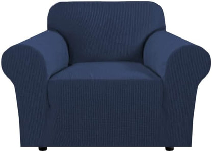 H.VERSAILTEX Stretch Chair Cover 1 Piece Armchair Slip Covers for Sofas/Couches with Elastic Bottom Soft Thick Furniture Protector for Dogs Cats Jacquard Small Checked(Armchair 31"-40", Navy)