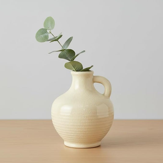 Sunddo White Ceramic Vase 6 Inch - Small Modern Flower Vase for Home Decor, Decorative Vases with Handle, Boho & Minimalist, Living Room Cabinet Table Centerpieces Wedding Beige