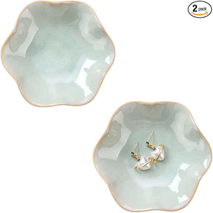2PCS Lotus Leaf Shape Ring Holder Dish, Small Key Bowl, Ceramic Trinket Tray Jewelry Dish Organizing Necklace Earrings for Mom Friend Sister, All Jewelries Are NOT Included, Light Green.…