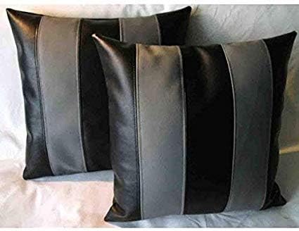 Lambskin Leather Pillow Cover - Sofa Cushion Case - Decorative Throw Covers for Living Room & Bedroom, 18x18 Inches - Black Grey Pack of 2