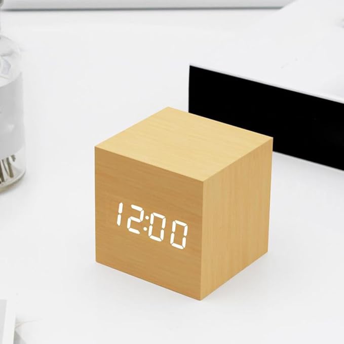 Digital Wooden Alarm Clock Bedrooms Clock with Temperature LED Display (No Battery) Wooden