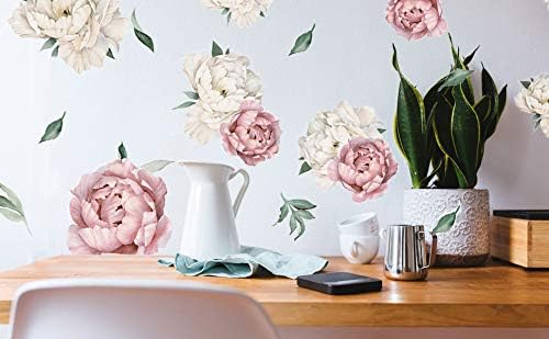 Peony Watercolor Wall Decals (Vintage Pink Watercolor) - Botanical Decor Sticker Flowers - Floral Bedroom Decals for Girls Room - Soft Flower Peonies Wall Decor Bedroom with Test Sample