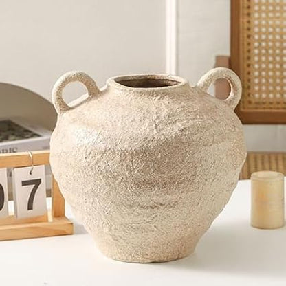Ceramic Flower Vase, Large Farmhouse Vases Home Decor, Handmade Rustic Vase with Handles, Decorative Flower Vase for Home Entryway Living Room Dining Table Farmhouse Office Decor(10.1inch)