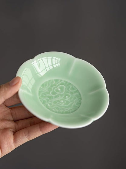 Green Ceramic Trinket Dish, 4.1 Inch Small Jewelry Tray with Auspicious Cloud Motifs (Symbolizing Good Fortune), Decorative Jewelry Holder for Vanity & Nightstand, Gift Packaging for Culture Lovers