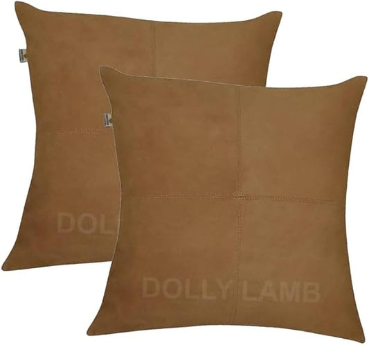 D DOLLY LAMB Lambskin Leather Pillow Cover - Sofa Cushion Case - Decorative Throw Covers for Living Room & Bedroom, 14x14 Inches - Camel Pack of 2