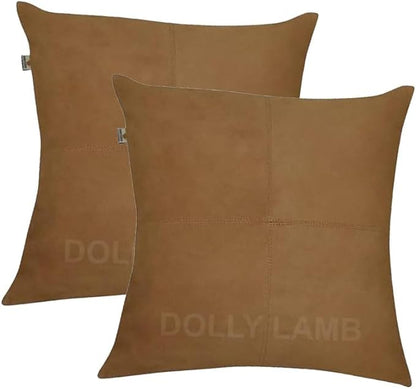 D DOLLY LAMB Lambskin Leather Pillow Cover - Sofa Cushion Case - Decorative Throw Covers for Living Room & Bedroom, 16x16 Inches - Camel Pack of 2