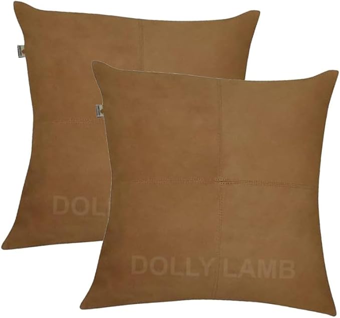 D DOLLY LAMB Lambskin Leather Pillow Cover - Sofa Cushion Case - Decorative Throw Covers for Living Room & Bedroom, 20x20 Inches - Camel Pack of 2