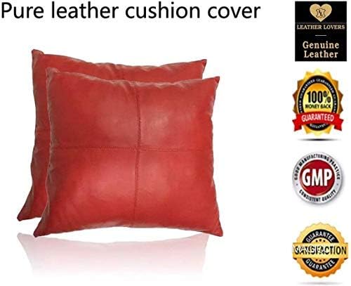 LL LEATHER LOVERS Lambskin Leather Pillow Cover - Sofa Cushion Case - Decorative Throw Covers for Living Room & Bedroom, 16x16 Inches - Red Pack of 2