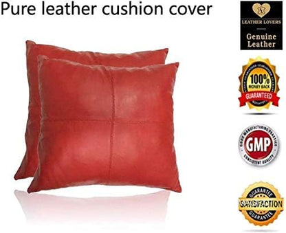 LL LEATHER LOVERS Lambskin Leather Pillow Cover - Sofa Cushion Case - Decorative Throw Covers for Living Room & Bedroom, 16x16 Inches - Red Pack of 2