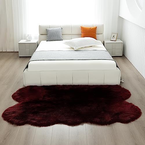 Fluffy Faux Fur Rug Burgundy Sheepskin Area Rug,4x6 Ft Ultra Soft Shaggy Plush Rug for Bedroom Bedside Living Room Nursery Kids Room
