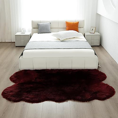 Fluffy Faux Fur Rug Burgundy Sheepskin Area Rug,4x6 Ft Ultra Soft Shaggy Plush Rug for Bedroom Bedside Living Room Nursery Kids Room