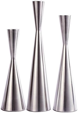 Set of 3 Silver Brushed Metal Taper Candle Holders Candlestick Holders Vintage Modern Decorative Centerpiece Candlestick Holders for Table Mantel Wedding Housewarming (Shiny Silver, S+M+L/Set)