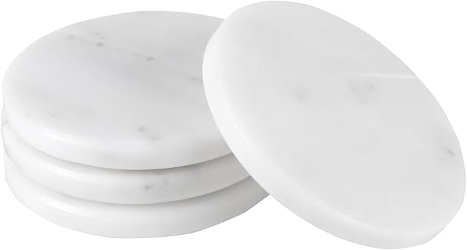 Natural White Marble Coasters Set of 8,4 Inch Round Drink Coasters with Non-Slip Feet,Heat Resistant Coaster for Home Decor and Coffee Table