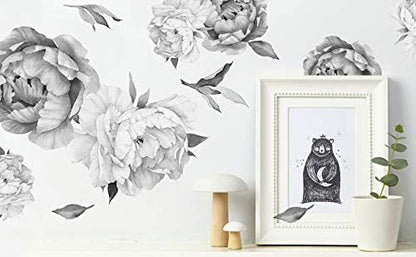 Peony Watercolor Wall Decals (Black and White Watercolor) - Flowers Decals for Wall - Botanical Bedroom Decor - Floral Peonies Grey Wall Stickers with Test Sample
