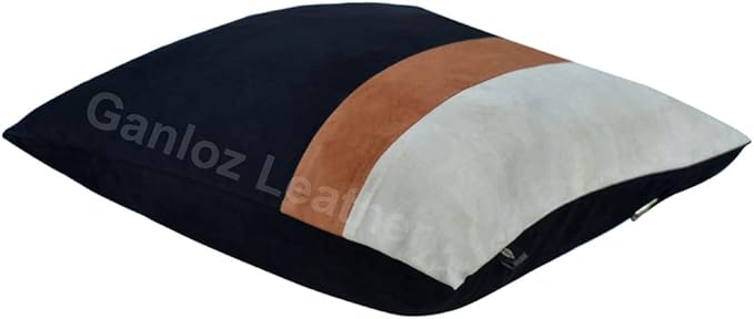 Lambskin Leather Pillow Cover - Sofa Cushion Case - Decorative Throw Covers for Living Room & Bedroom, 16x16 Inches - Black & Tan Pack of 2