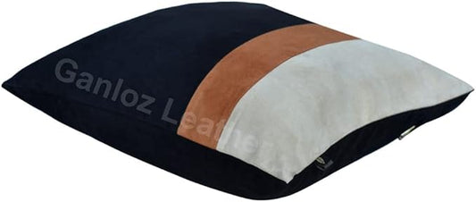 Lambskin Leather Pillow Cover - Sofa Cushion Case - Decorative Throw Covers for Living Room & Bedroom, 22x22 Inches - Black & Tan Pack of 1