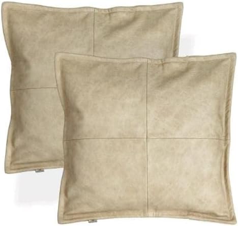 Lambskin Leather Pillow Cover - Sofa Cushion Case - Decorative Throw Covers for Living Room & Bedroom, 14x14 Inches - Light Beige Box Pack of 1