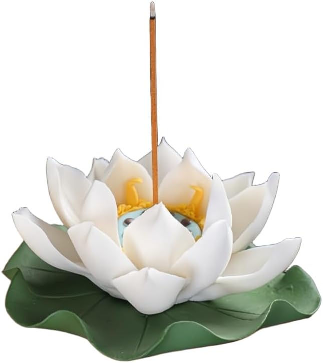 Lotus Incense Holder - White Ceramic Bloom with Leaf Tray, Aromatherapy Decor, Meditation Gift Set, Zen Home Office Desk Altar Decor (Handmade, Ash Catcher, Unique Holiday Present)