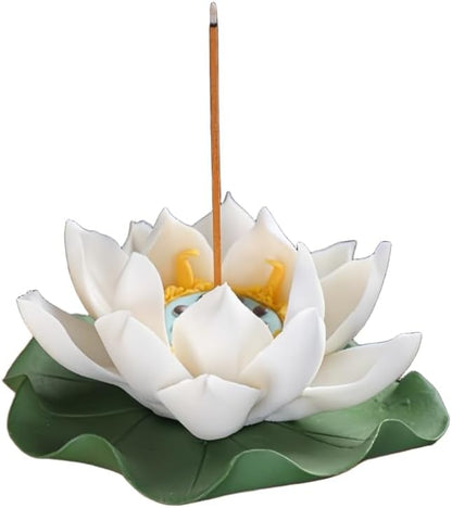 Lotus Incense Holder - White Ceramic Bloom with Leaf Tray, Aromatherapy Decor, Meditation Gift Set, Zen Home Office Desk Altar Decor (Handmade, Ash Catcher, Unique Holiday Present)