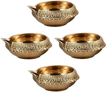 Hashcart Brass Kuber Diya Indian Puja Oil Lamp - Pack of 6 Pcs - Engraved Design - Diwali Diyas