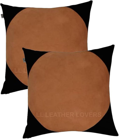 D DOLLY LAMB Lambskin Leather Pillow Cover - Sofa Cushion Case - Decorative Throw Covers for Living Room & Bedroom, 18x18 Inches - Black & Brown(01) Pack of 2