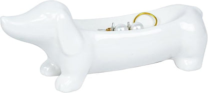 YOBRO Dachshund Ceramic Trinket Tray for Jewelry & Keys - Mini Decorative Dish, Dog Lover Gift, Engagement Ring Organizer (White)