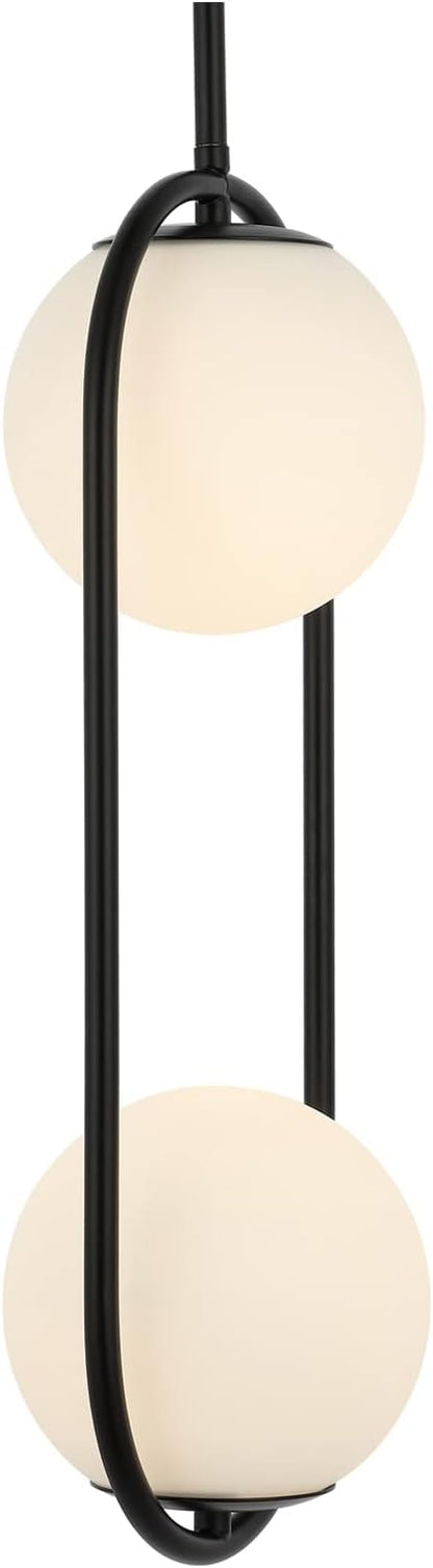 2-Lights Modern Globe Chandelier Mid Century Pendant Light Matte Black Ceiling Hanging Lighting Fixture with White Globe Glass Lampshade for Kitchen Island Dining Room Bedroom