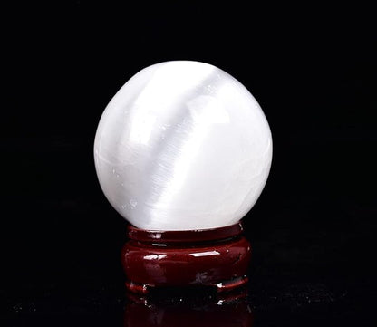 JIC Gem Selenite Crystal Ball with Wooden Stand Healing Crystal Sphere for Meditation, Home Decoration 2-2.3 Inch(50-60mm)
