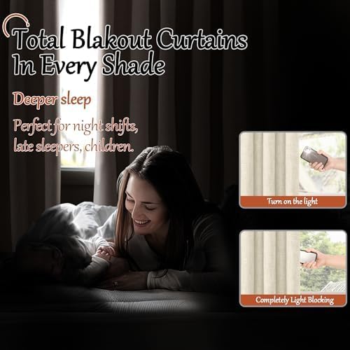 Lajode Short Blackout Curtains 45 Inch Length 2 Panels, Thermal Insulated Total Light Blocking Linen Window Curtains for Farmhouse Bedroom Basement, Bronze Grommet, Natural, Each 52" Wide