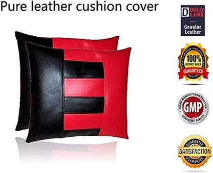 D DOLLY LAMB Lambskin Leather Pillow Cover - Sofa Cushion Case - Decorative Throw Covers for Living Room & Bedroom, 18x18 Inches - Red Black 02 Pack of 2