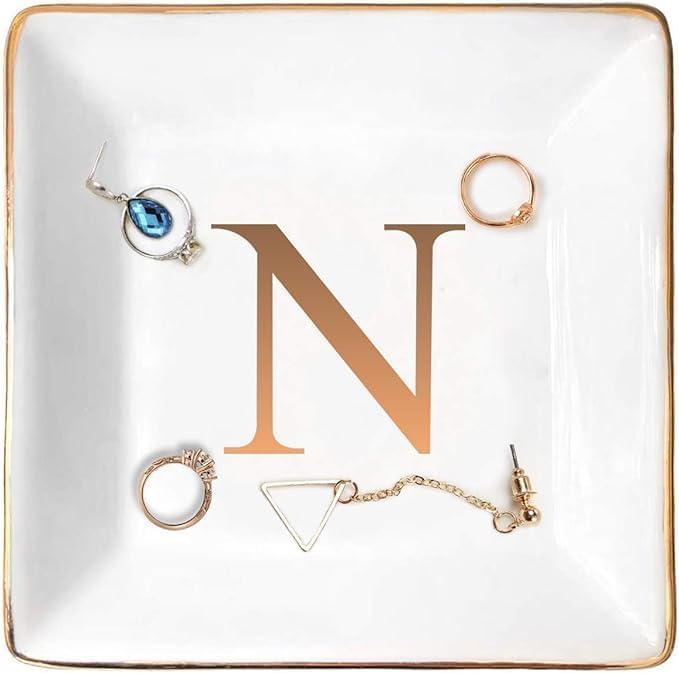ANOTION Jewelry Tray Ring Dish with Ini-tial Gift- Personalized Trinket Dish and Jewelry Dish with Gold Initials Key Bowl Ceramic Holder, Unique Wedding or Engagement Present